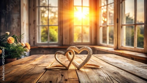 Wallpaper Mural Cozy rustic wooden table with two interconnected heart-shaped decorations, emitting warm sunlight through a large window, home decor, sunlit room Torontodigital.ca
