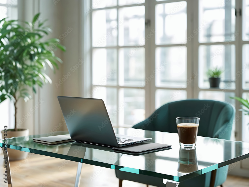 Modern elegant office, workspace interior design, laptop and cup of coffee, 3d render