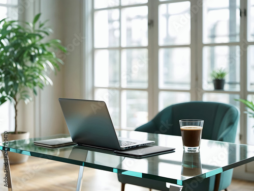 Obraz na płótnie Modern elegant office, workspace interior design, laptop and cup of coffee, 3d render w salonie