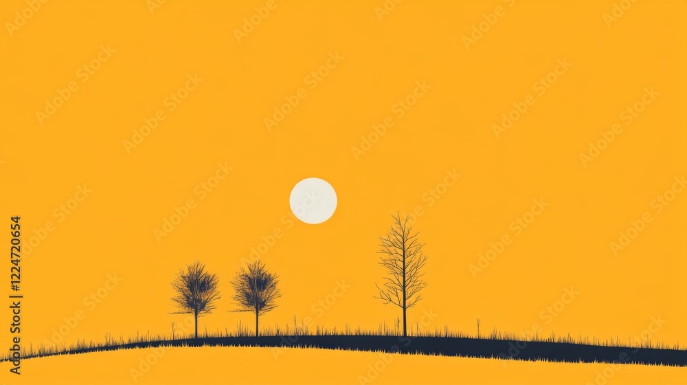 Fototapeta premium Minimalist sunset landscape with three bare trees on a hill.