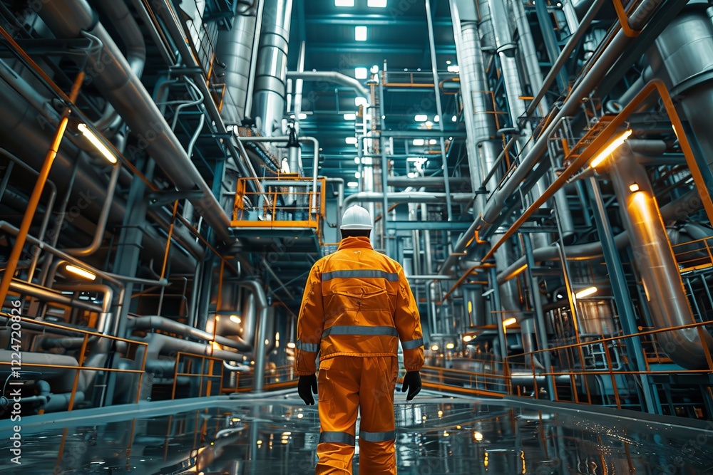 Fototapeta premium A worker in an orange safety suit and hard hat walks through a futuristic industrial plant, surrounded by massive pipelines and metal structures, under bright overhead lighting.