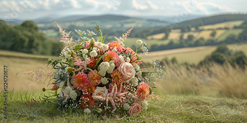 Elegant wedding bouquet with soft pink and peach roses resting on a grassy hilltop with a countryside view.  
