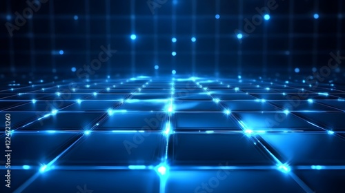 A blue background with a grid of squares and dots. The squares are arranged in a pattern  with some overlapping and some not. The dots are scattered throughout the background