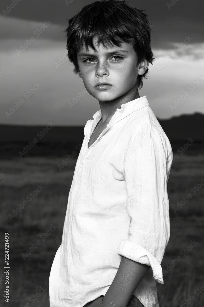 A striking black and white portrait of a young boy stands against a dramatic sky, capturing a sense of determination and introspection amidst a serene landscape. A striking black and white portrait of a young boy stands against a dramatic sky, capturing a sense of determination and introspection amidst a serene landscape.