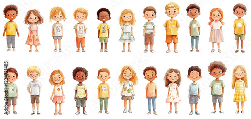 Set of happy cartoon little kids. Isolated characters standing at full height, watercolor illustration