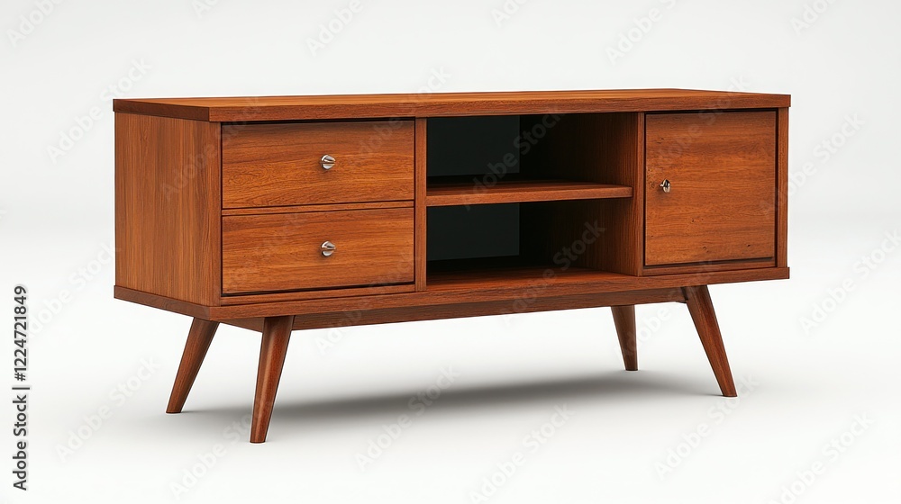 Mid-century modern TV stand, wooden, home interior, simple background, furniture catalog Mid-century modern TV stand, wooden, home interior, simple background, furniture catalog