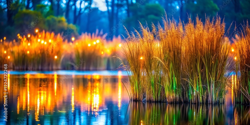 Fototapeta premium Louisiana Swamp Reeds: Bokeh Riverbank Photography - Lush Green Marshland Scenery