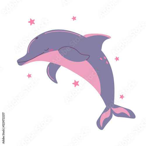 Flat style illustration of a purple and pink dolphin with closed eyes, surrounded by small stars, ideal for ocean-themed designs, marine projects, and children’s artwork.