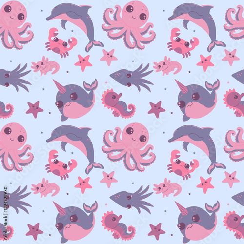 Flat style illustration featuring cute sea animals like narwhals, dolphins, octopuses, starfish, crabs, seahorses, and squids in pastel tones, perfect for kids' designs and patterns photo