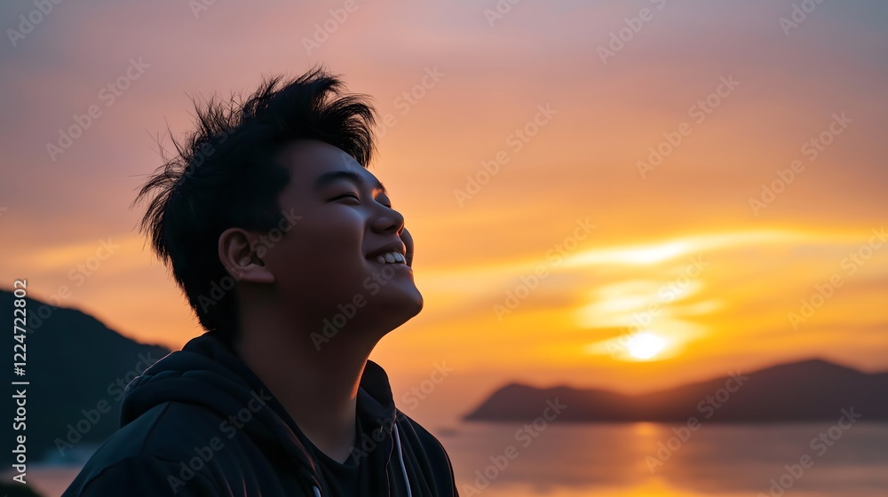Fototapeta premium Young Man Silhouetted Against Dramatic Orange Sunset Sky Over Ocean Horizon Creating Peaceful Contemplative Moment During Seaside Evening Adventure