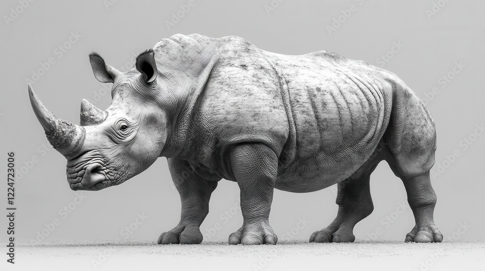 Fototapeta premium Realistic black and white image of a rhinoceros with detailed skin texture, close-up of the animal, powerful body, massive horn, artistic monochrome composition, conceptual wildlife art
