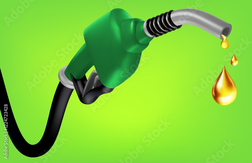 Gasoline injector gasoline pump on green background  of refuel station, petrol pistol with handle hose diesel oil company economy Realistic oil drop