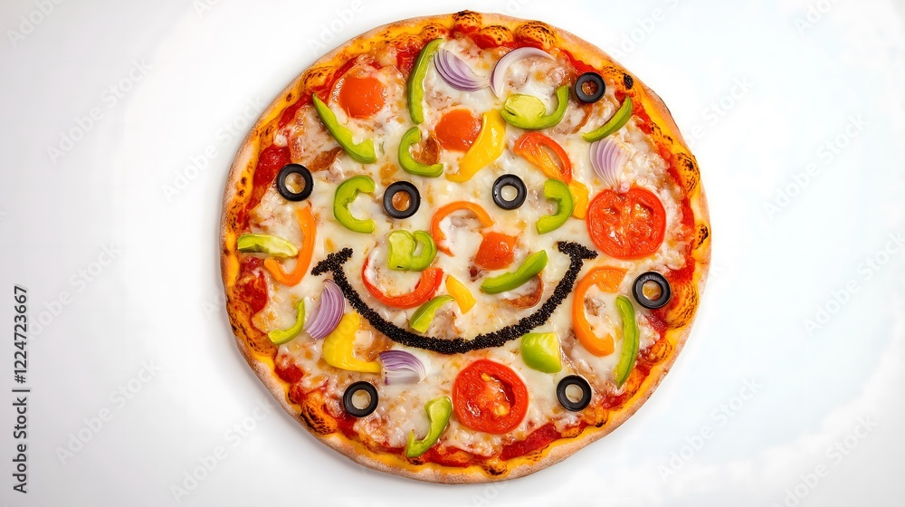 Creative Happy Face Pizza with Colorful Fresh Vegetables Topped with Black Olives Pepperoni and Bell Peppers Making Cheerful Smiling Expression Creative Happy Face Pizza with Colorful Fresh Vegetables Topped with Black Olives Pepperoni and Bell Peppers Making Cheerful Smiling Expression