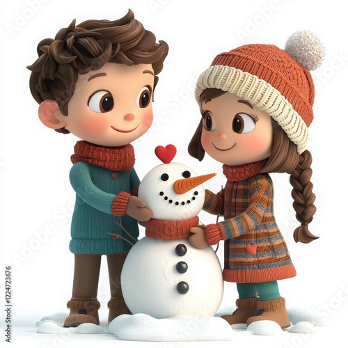 Cartoon Children Building Snowman in Winter Wonderland