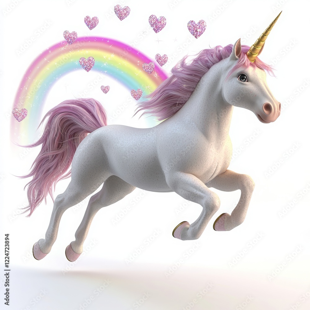 Playful Fantasy Magical Unicorn with Rainbow and Hearts Playful Fantasy Magical Unicorn with Rainbow and Hearts