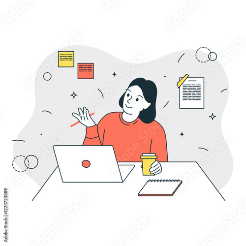 Woman drinks coffee, holds a pen and communicates on a computer, notes on the wall, a flat illustration, business situation