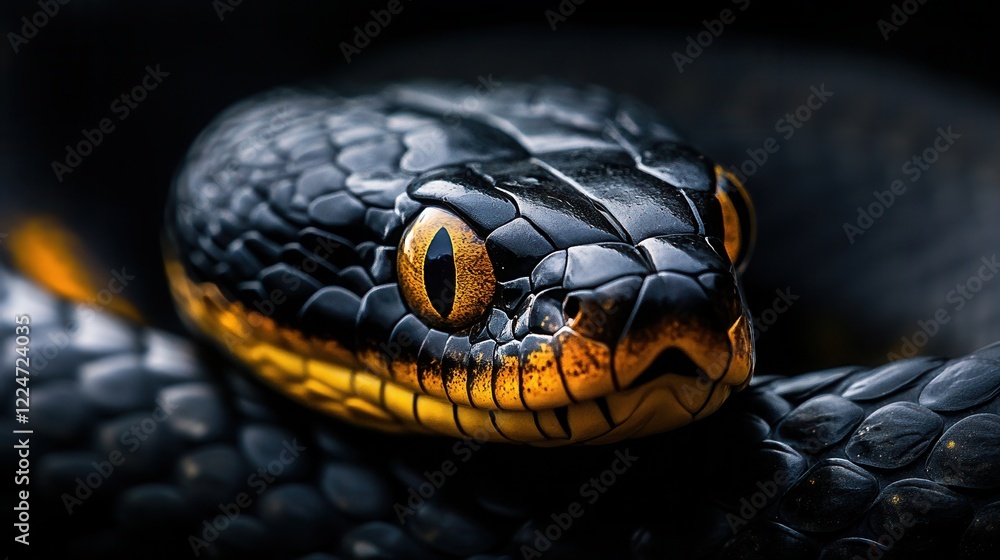 Close-up of a black snake with striking golden eyes, detailed scale texture, and dramatic lighting, predatory gaze, dark background, conceptual wildlife image, symbol of danger and mystery Close-up of a black snake with striking golden eyes, detailed scale texture, and dramatic lighting, predatory gaze, dark background, conceptual wildlife image, symbol of danger and mystery