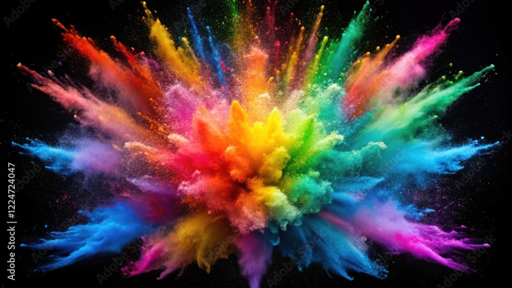 Vibrant colored powder explodes in a rainbow of hues against a stark black background, creating a mesmerizing visual effect , colored powder, confetti Vibrant colored powder explodes in a rainbow of hues against a stark black background, creating a mesmerizing visual effect , colored powder, confetti