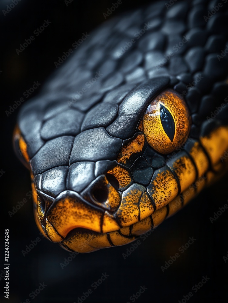 Obraz premium Close-up of a black snake with striking golden eyes, detailed scale texture, and dramatic lighting, predatory gaze, dark background, conceptual wildlife image, symbol of danger and mystery