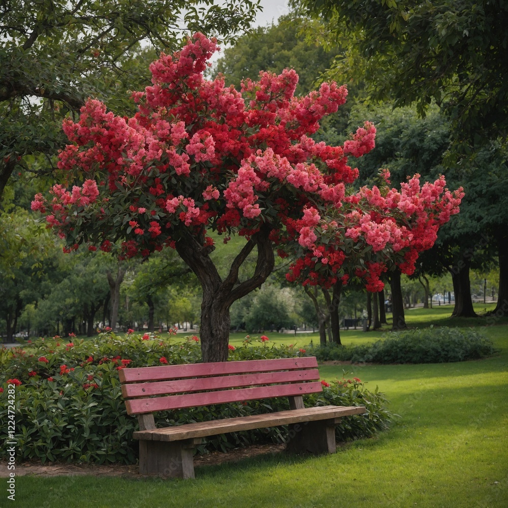 A beautiful tree with red and pink flowers, growing beside a wooden bench in a tranquil city park. A beautiful tree with red and pink flowers, growing beside a wooden bench in a tranquil city park.