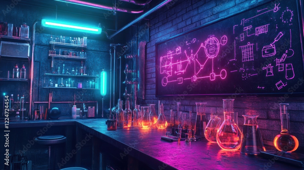 A vibrant laboratory scene with glowing liquids and scientific diagrams on the wall. A vibrant laboratory scene with glowing liquids and scientific diagrams on the wall.