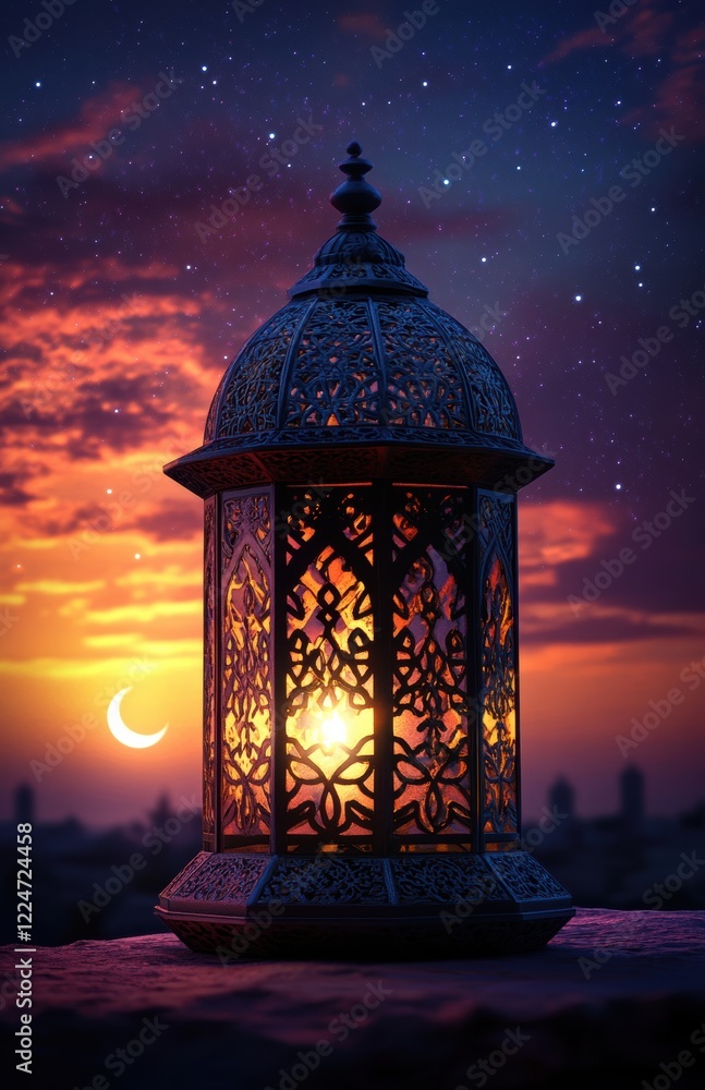 Ethereal Lantern Glowing Under Moonlit Sky at Sunset Ethereal Lantern Glowing Under Moonlit Sky at Sunset