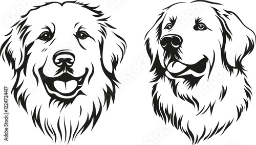 Illustrations Vectorielles en Noir et Blanc de Deux Portraits de Chiens de Montagne