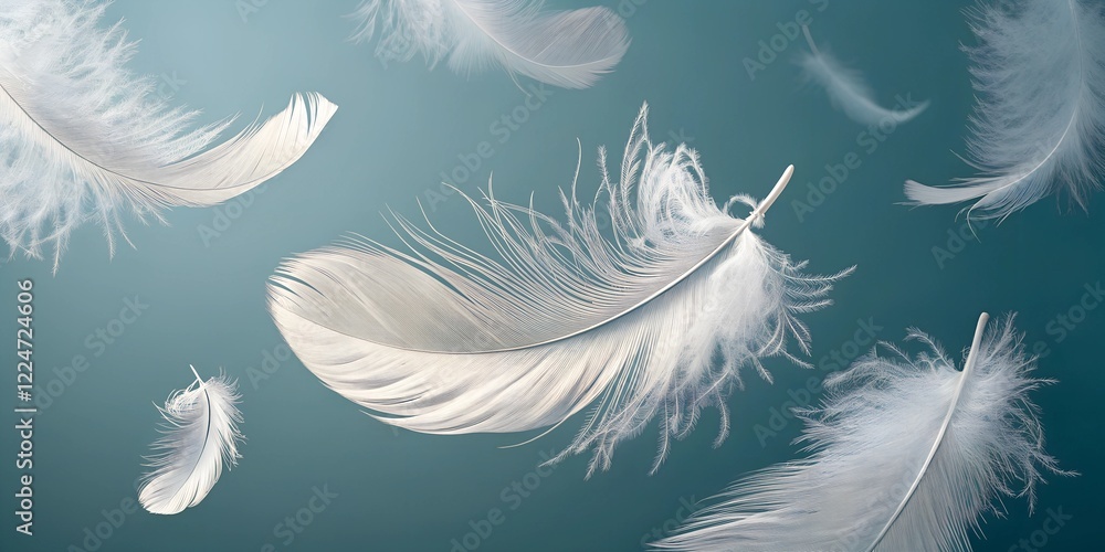 Obraz premium Delicate white feathers drift gracefully in mid-air, creating an ethereal, soft, and serene atmosphere with a pastel blue background.