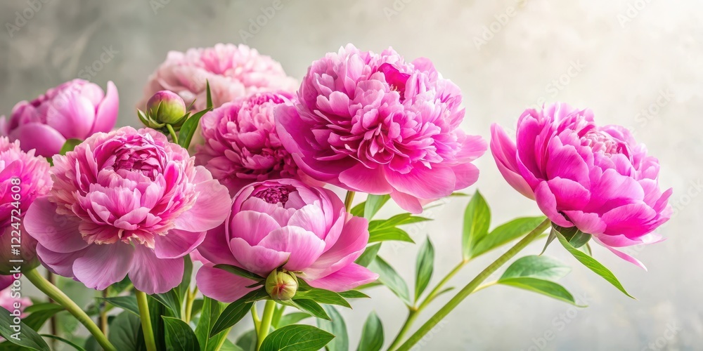 Fototapeta premium Vibrant pink peonies in full bloom against a soft white background, with delicate green leaves and subtle texture