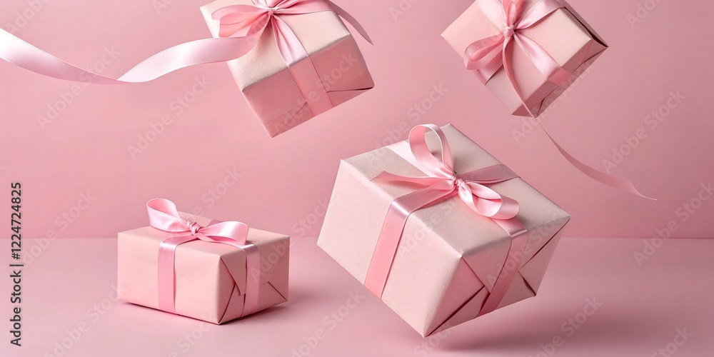 Elegant pink gift boxes with silky ribbons float gracefully against a pastel pink background, creating a dreamy and festive composition perfect for celebrations. Elegant pink gift boxes with silky ribbons float gracefully against a pastel pink background, creating a dreamy and festive composition perfect for celebrations.