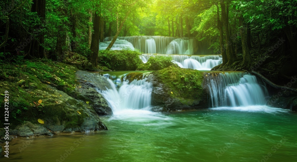 Serene waterfall cascading through lush green forest landscape Serene waterfall cascading through lush green forest landscape