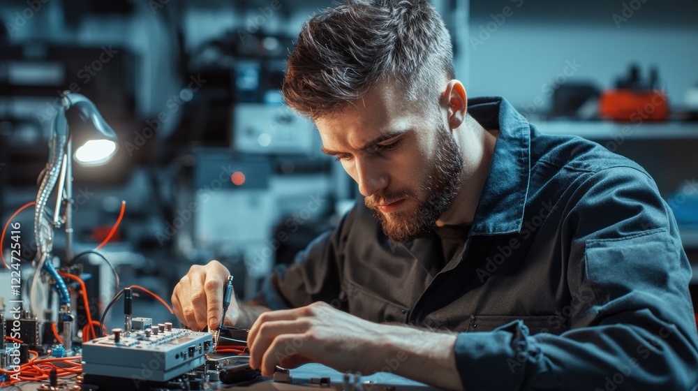 Electrical technician analyzing multimeter in workshop environment Electrical technician analyzing multimeter in workshop environment