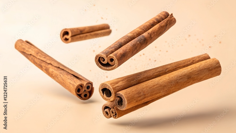 Aromatic cinnamon sticks levitate against a soft beige background, surrounded by tiny spice particles. A warm, rustic food photography concept. Aromatic cinnamon sticks levitate against a soft beige background, surrounded by tiny spice particles. A warm, rustic food photography concept.