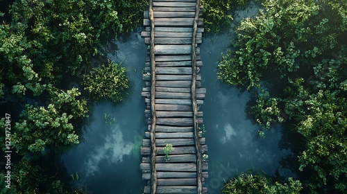 Aerial top view of wooden bridge pathway over marshy river with vegetation thickets photo