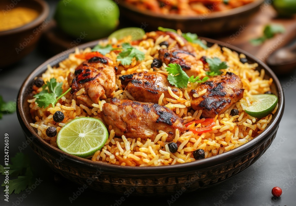 Flavorful Grilled Chicken with Spiced Rice and Fresh Lime Slices Flavorful Grilled Chicken with Spiced Rice and Fresh Lime Slices