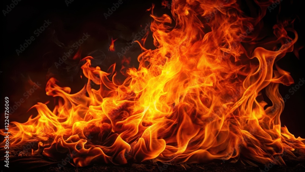 Flames engulfing a darkened black background with intense orange and red hues , ember effect