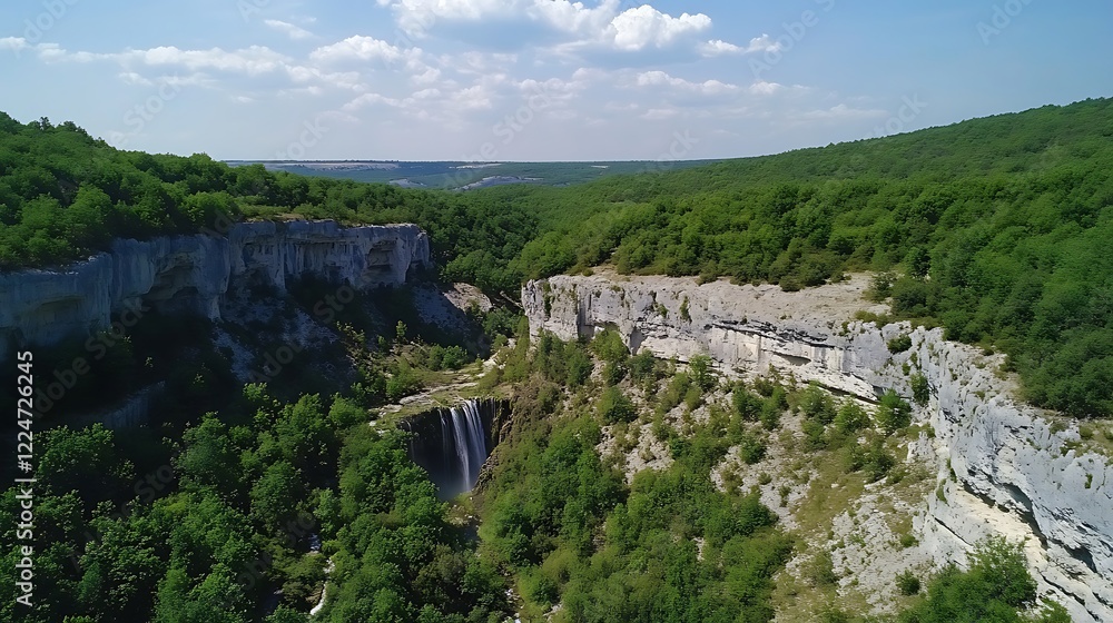 Obraz premium Aerial view of a natural pine forest and a waterfall erfelek