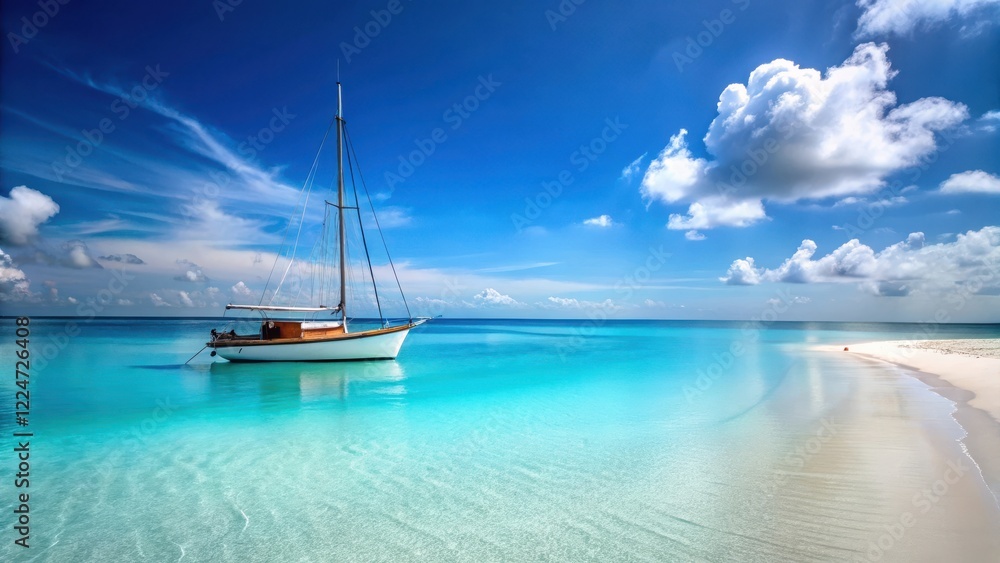 A majestic sailboat anchored in calm sea waters with white sandy beach in the background , sand, serenity , sand, serenity A majestic sailboat anchored in calm sea waters with white sandy beach in the background , sand, serenity , sand, serenity