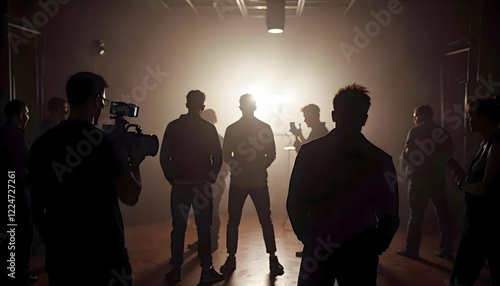 Commercial video film movie making lighting set professional studio production big working people silhouette scenes behind television camera motion picture equipment crew photo light wide view 