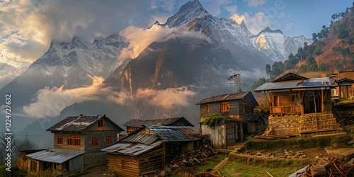 Rustic mountain village bathed in golden sunset light with misty peaks in the background.  
