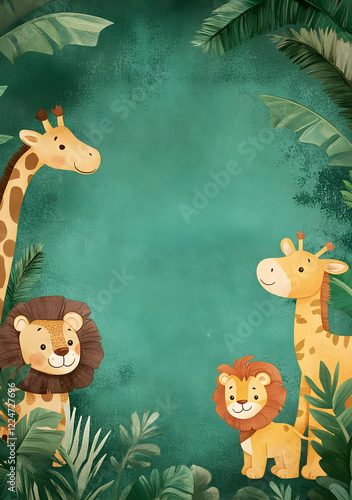 A playful illustration of cartoon lions and giraffes surrounded by tropical foliage.