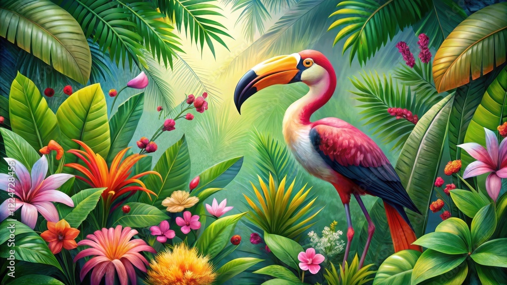 Fototapeta premium Vibrant flamingo stands amidst lush greenery surrounded by exotic flowers and foliage, with a brightly colored toucan perched on a nearby branch , tropical floral, flamingo
