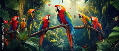 A vibrant gathering of colorful macaws perched on branches in a lush tropical rainforest, surrounded by exotic foliage and butterflies, creating a lively and serene atmosphere