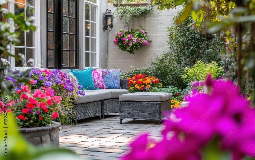 Fototapeta premium A vibrant garden patio adorned with colorful flowers, featuring a cozy seating area with cushions, surrounded by lush greenery, perfect for relaxation and outdoor gatherings