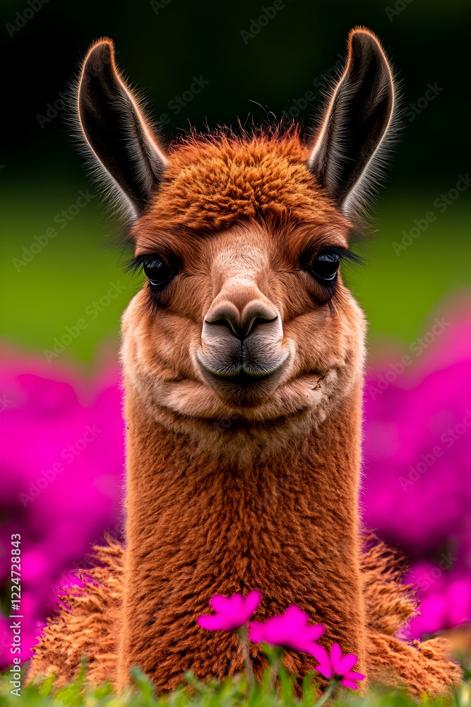 Fototapeta premium A charming llama poses amidst vibrant pink flowers, showcasing its unique features and playful expression in a colorful outdoor setting.