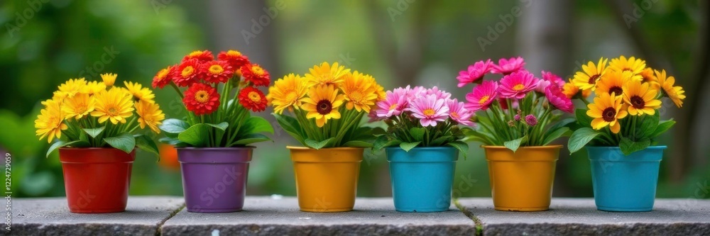 Spring flowers in colorful pots on a gray stone table, floral arrangement, colored pots, gardening Spring flowers in colorful pots on a gray stone table, floral arrangement, colored pots, gardening