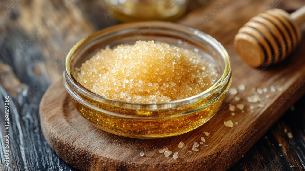 Honey-Crystallized Sugar in a Glass Bowl on Wooden Board Honey-Crystallized Sugar in a Glass Bowl on Wooden Board