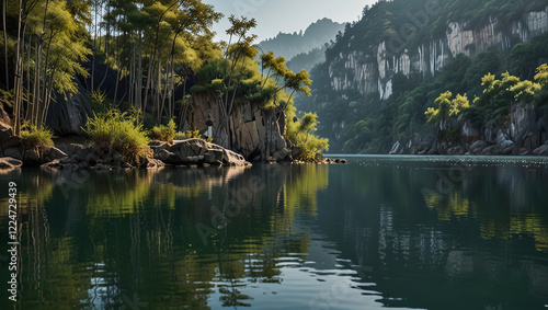 Beautiful view of rock cliffs and bamboo trees on the edge of a calm lake on a sunny day photo