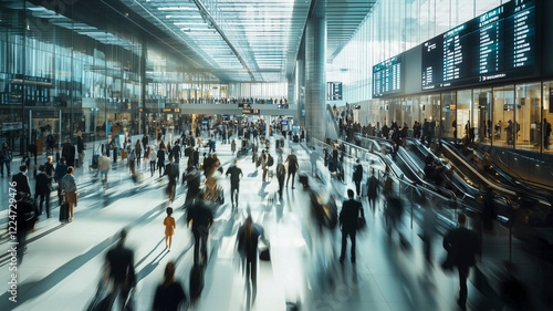 Crowded airport terminal with blurred motion of travelers walking, carrying luggage, and using escalators under bright natural light - travel concept