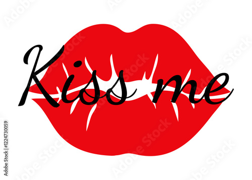 Logo con palabra kiss me en texto manuscrito con silueta de labios de mujer para felicitaciones y tarjetas de San Valentín